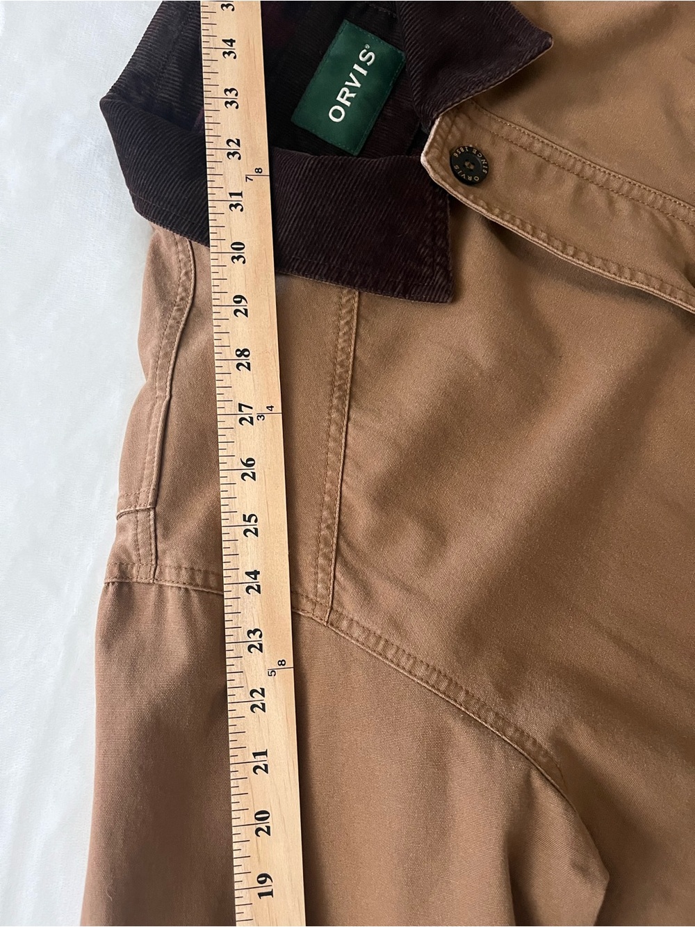 Orvis Heritage Canvas Barn Coat with Dark Brown Corduroy Collar & Plaid Lining - Picture 12 of 16